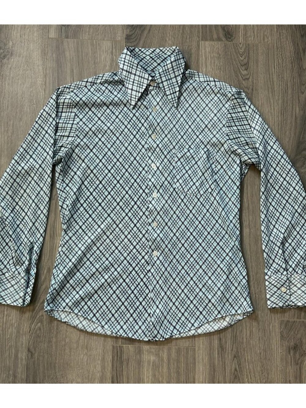 Vintage Towncraft Shirt Mens M Blue Geometric JCPenney Button Up Disco 70s